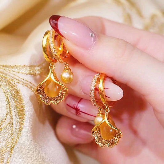 Golden Pearl Charm Hoop Earrings