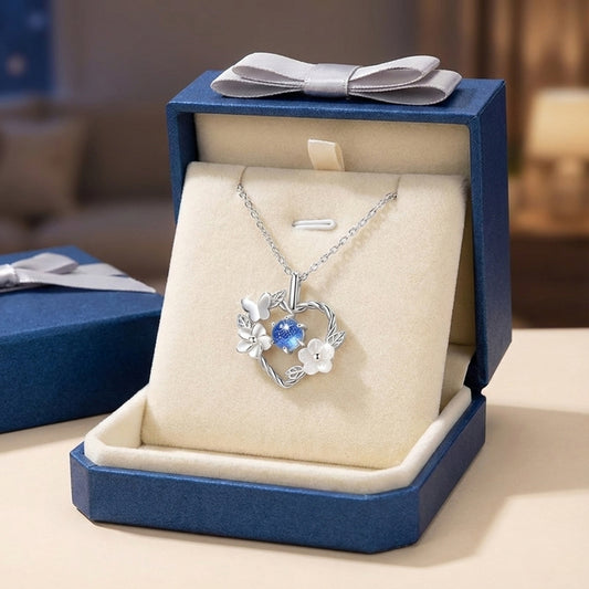 Blue Crystal Floral Heart Necklace