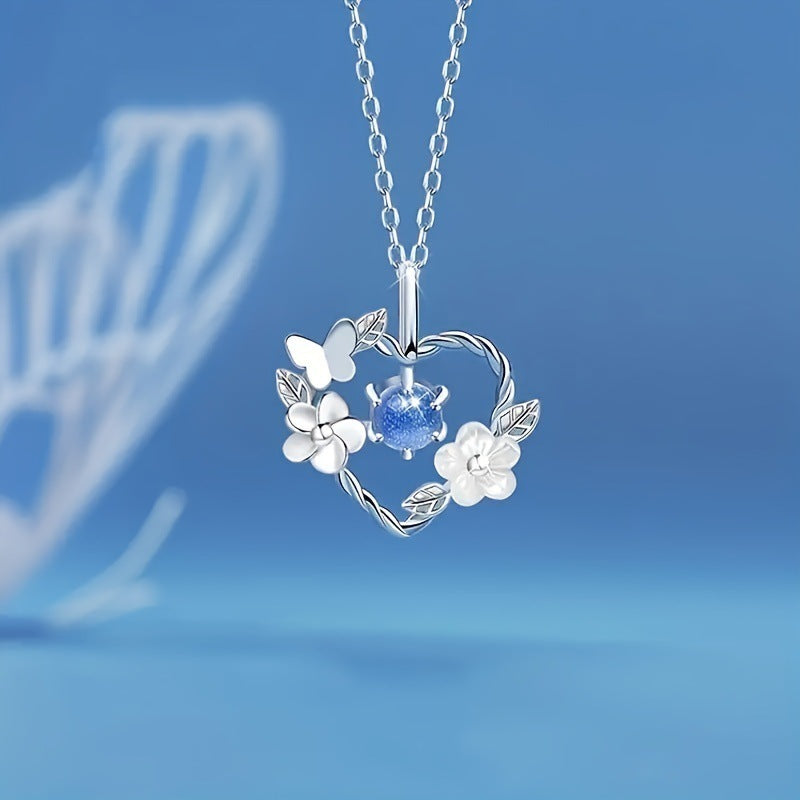 Blue Crystal Floral Heart Necklace