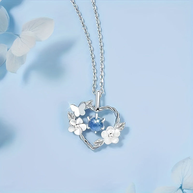 Blue Crystal Floral Heart Necklace