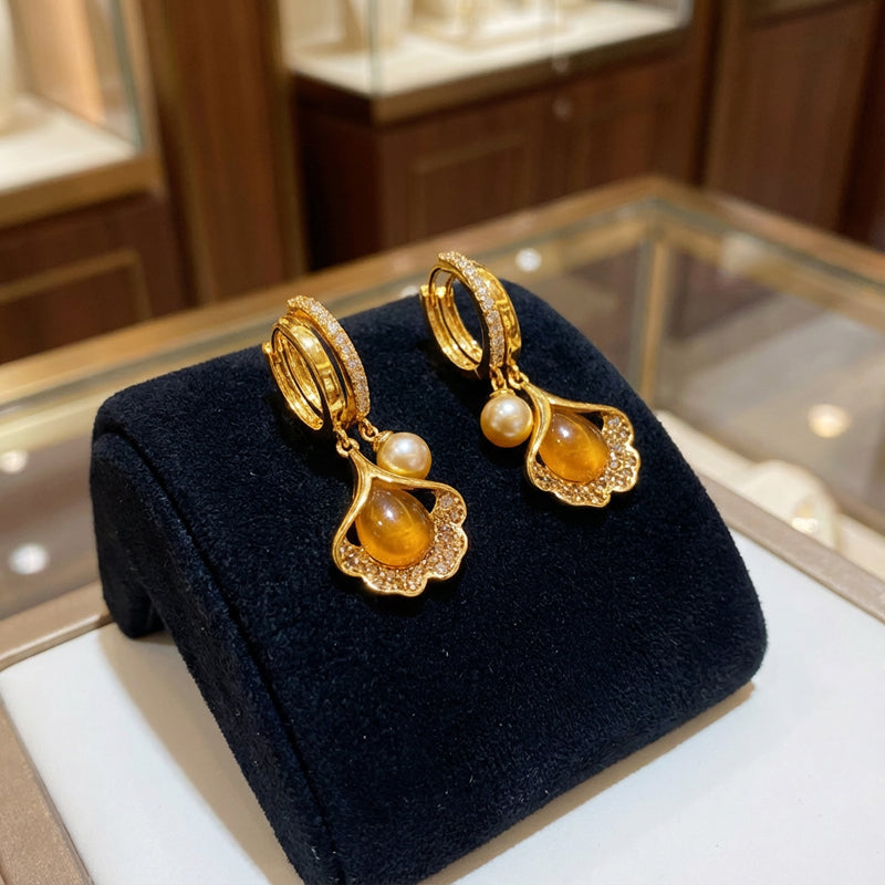 Golden Pearl Charm Hoop Earrings